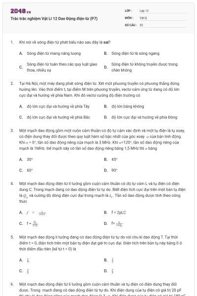 Trắc trắc nghiệm Vật Lí 12 Dao Động điện từ (P7)