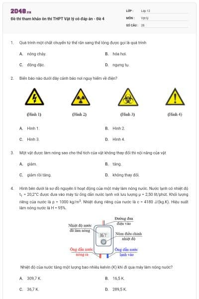 Đề thi tham khảo ôn thi THPT Vật lý có đáp án - Đề 4