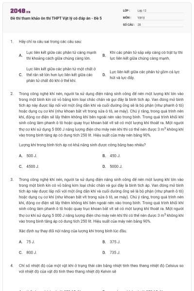 Đề thi tham khảo ôn thi THPT Vật lý có đáp án - Đề 5