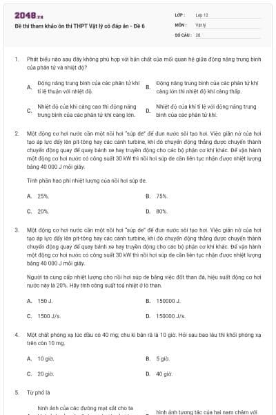Đề thi tham khảo ôn thi THPT Vật lý có đáp án - Đề 6