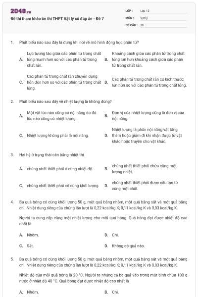 Đề thi tham khảo ôn thi THPT Vật lý có đáp án - Đề 7