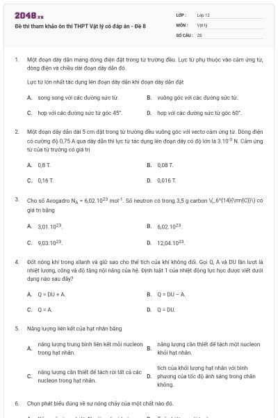 Đề thi tham khảo ôn thi THPT Vật lý có đáp án - Đề 8