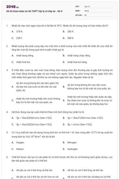 Đề thi tham khảo ôn thi THPT Vật lý có đáp án - Đề 9