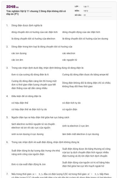 Trắc nghiệm Vật lý 11 chương 2 Dòng điện không đổi có đáp án (P1)