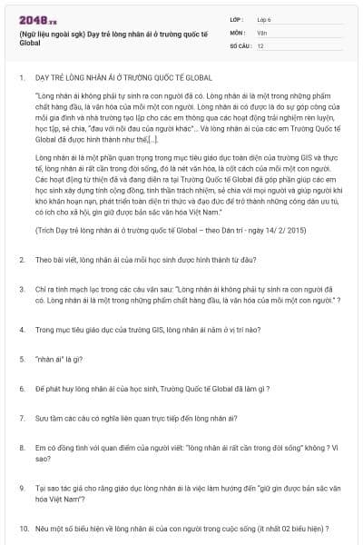 (Ngữ liệu ngoài sgk) Dạy trẻ lòng nhân ái ở trường quốc tế Global