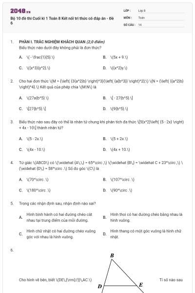 Bộ 10 đề thi Cuối kì 1 Toán 8 Kết nối tri thức có đáp án - Đề 6