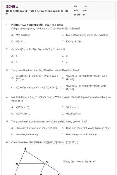 Bộ 10 đề thi Cuối kì 1 Toán 8 Kết nối tri thức có đáp án - Đề 9