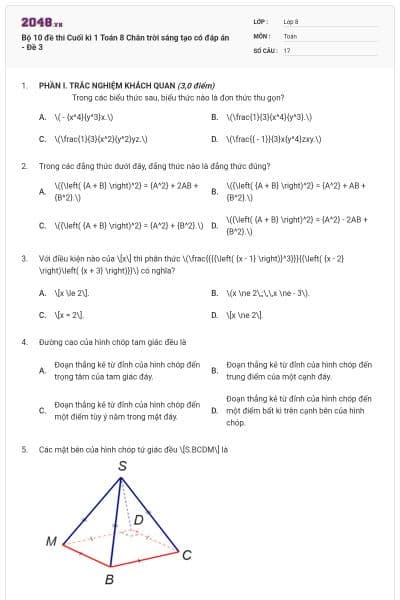 Bộ 10 đề thi Cuối kì 1 Toán 8 Chân trời sáng tạo có đáp án - Đề 3