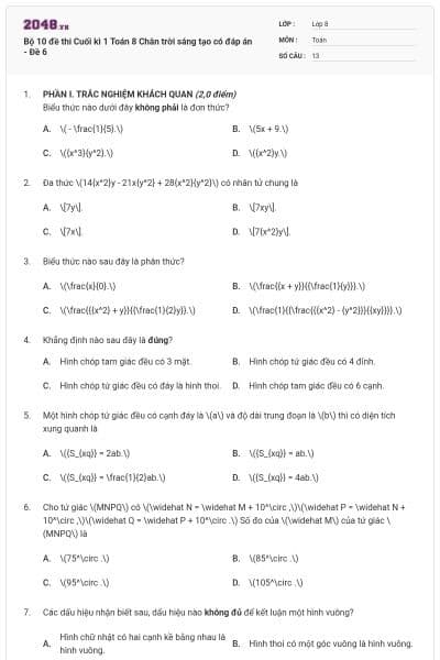 Bộ 10 đề thi Cuối kì 1 Toán 8 Chân trời sáng tạo có đáp án - Đề 6