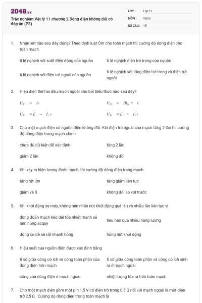 Trắc nghiệm Vật lý 11 chương 2 Dòng điện không đổi có đáp án (P3)