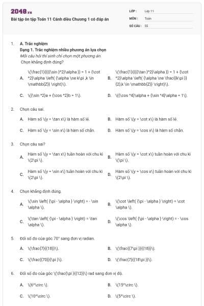 Bài tập ôn tập Toán 11 Cánh diều Chương 1 có đáp án