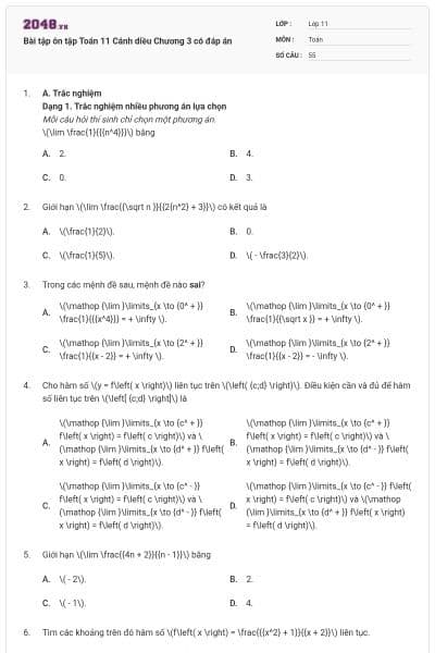 Bài tập ôn tập Toán 11 Cánh diều Chương 3 có đáp án