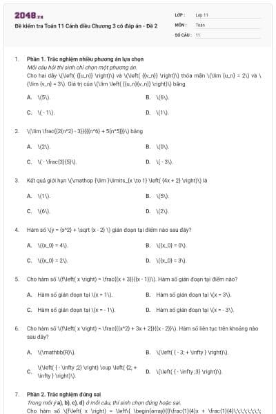 Đề kiểm tra Toán 11 Cánh diều Chương 3 có đáp án - Đề 2