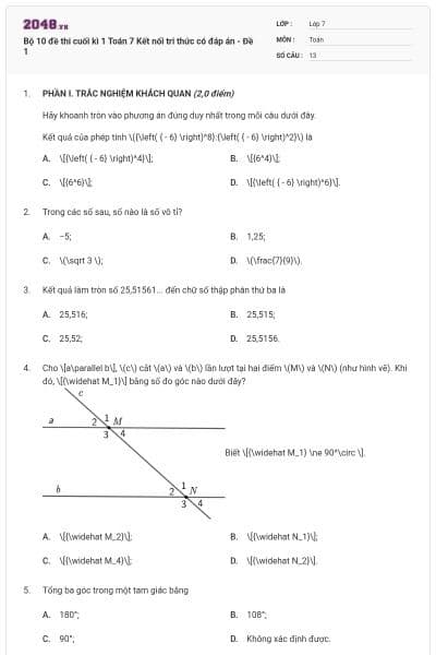 Bộ 10 đề thi cuối kì 1 Toán 7 Kết nối tri thức có đáp án - Đề 1