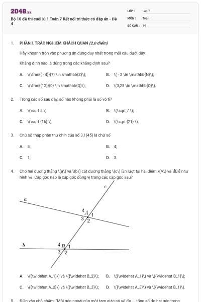 Bộ 10 đề thi cuối kì 1 Toán 7 Kết nối tri thức có đáp án - Đề 4