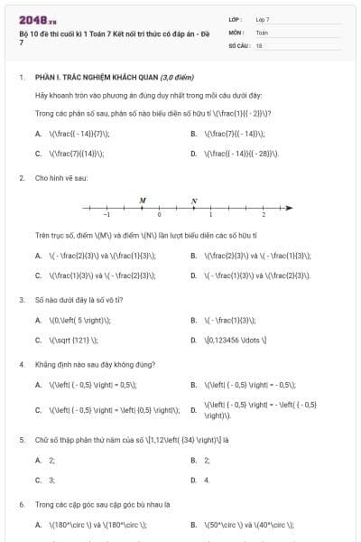 Bộ 10 đề thi cuối kì 1 Toán 7 Kết nối tri thức có đáp án - Đề 7