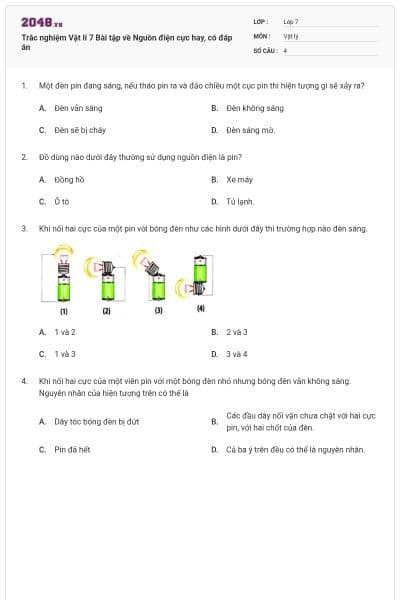 Trắc nghiệm Vật lí 7 Bài tập về Nguồn điện cực hay, có đáp án