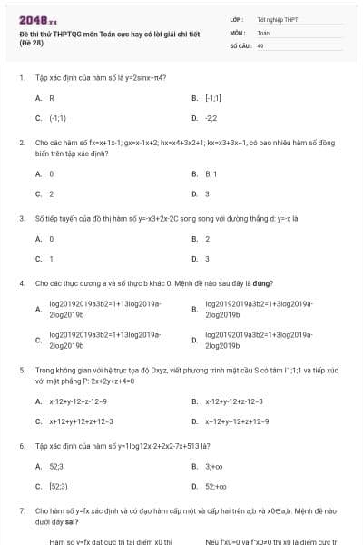 Đề thi thử THPTQG môn Toán cực hay có lời giải chi tiết (Đề 28)