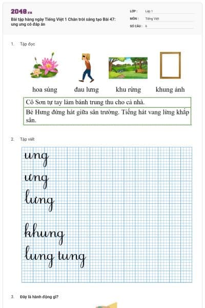 Bài tập hàng ngày Tiếng Việt 1 Chân trời sáng tạo Bài 47: ung ưng có đáp án