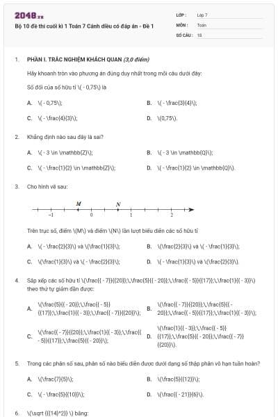 Bộ 10 đề thi cuối kì 1 Toán 7 Cánh diều có đáp án - Đề 1