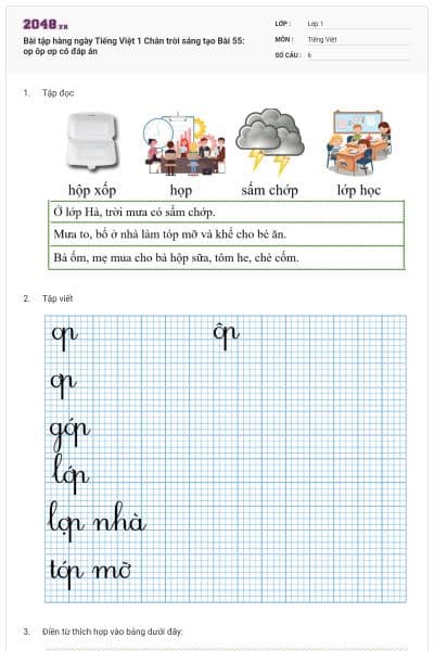 Bài tập hàng ngày Tiếng Việt 1 Chân trời sáng tạo Bài 55: op ôp ơp có đáp án