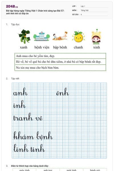 Bài tập hàng ngày Tiếng Việt 1 Chân trời sáng tạo Bài 57: anh ênh inh có đáp án