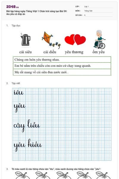 Bài tập hàng ngày Tiếng Việt 1 Chân trời sáng tạo Bài 59: iêu yêu có đáp án