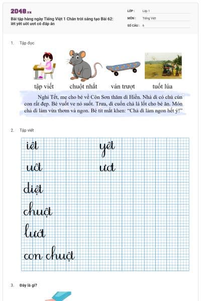 Bài tập hàng ngày Tiếng Việt 1 Chân trời sáng tạo Bài 62: iêt yêt uôt ươt có đáp án