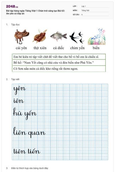 Bài tập hàng ngày Tiếng Việt 1 Chân trời sáng tạo Bài 63: iên yên có đáp án