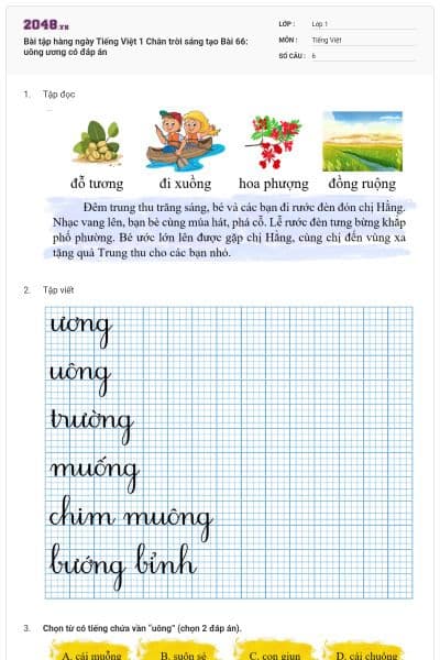 Bài tập hàng ngày Tiếng Việt 1 Chân trời sáng tạo Bài 66: uông ương có đáp án