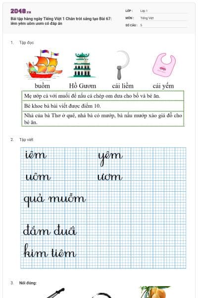 Bài tập hàng ngày Tiếng Việt 1 Chân trời sáng tạo Bài 67: iêm yêm uôm ươm có đáp án