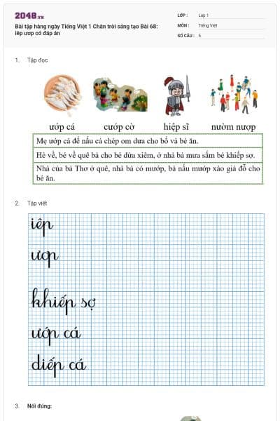 Bài tập hàng ngày Tiếng Việt 1 Chân trời sáng tạo Bài 68: iêp ươp có đáp án