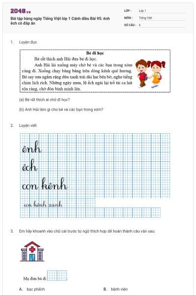 Bài tập hàng ngày Tiếng Việt lớp 1 Cánh diều Bài 95: ênh êch có đáp án