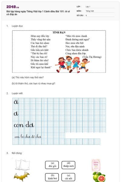 Bài tập hàng ngày Tiếng Việt lớp 1 Cánh diều Bài 101: ôi ơi có đáp án