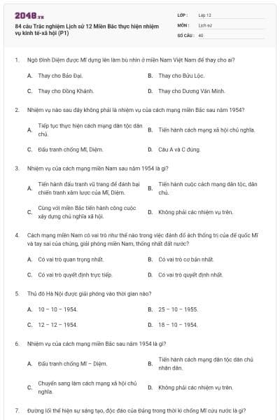 84 câu Trắc nghiệm Lịch sử 12 Miền Bắc thực hiện nhiệm vụ kinh tế-xã hội (P1)