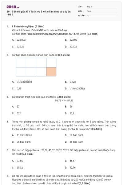 Bộ 15 đề thi giữa kì 1 Toán lớp 5 Kết nối tri thức có đáp án - Đề 6