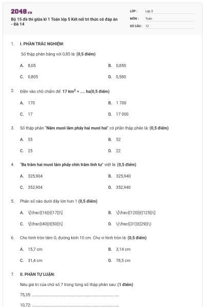 Bộ 15 đề thi giữa kì 1 Toán lớp 5 Kết nối tri thức có đáp án - Đề 14