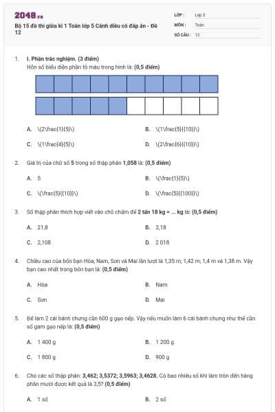 Bộ 15 đề thi giữa kì 1 Toán lớp 5 Cánh diều có đáp án - Đề 12