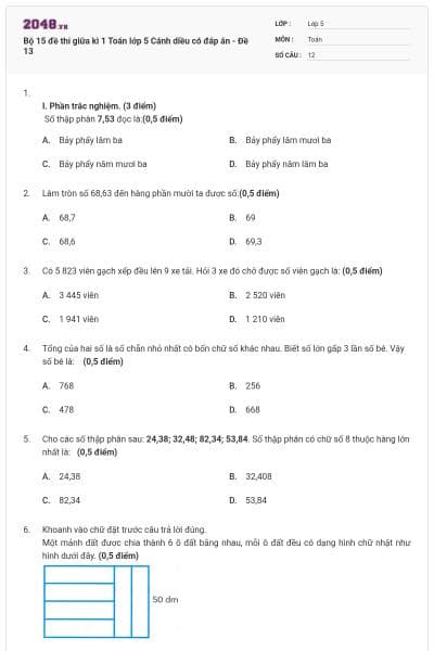 Bộ 15 đề thi giữa kì 1 Toán lớp 5 Cánh diều có đáp án - Đề 13