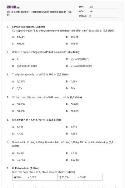 Bộ 15 đề thi giữa kì 1 Toán lớp 5 Cánh diều có đáp án - Đề 14
