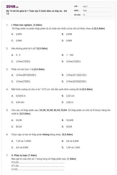 Bộ 15 đề thi giữa kì 1 Toán lớp 5 Cánh diều có đáp án - Đề 15