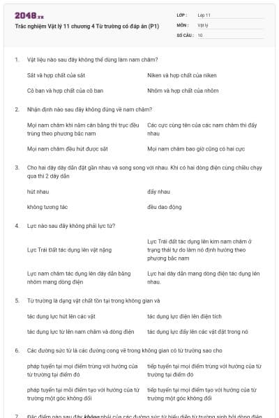 Trắc nghiệm Vật lý 11 chương 4 Từ trường có đáp án (P1)