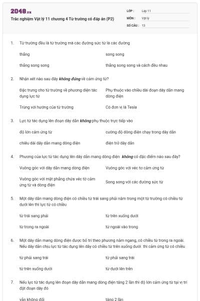 Trắc nghiệm Vật lý 11 chương 4 Từ trường có đáp án (P2)