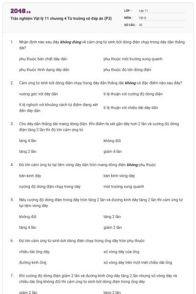 Trắc nghiệm Vật lý 11 chương 4 Từ trường có đáp án (P3)