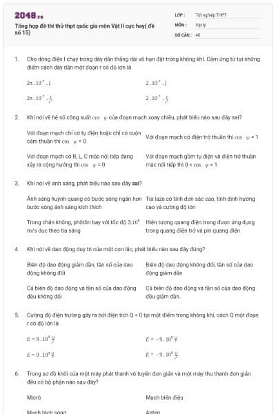 Tổng hợp đề thi thử thpt quốc gia môn Vật lí cực hay( đề số 15)