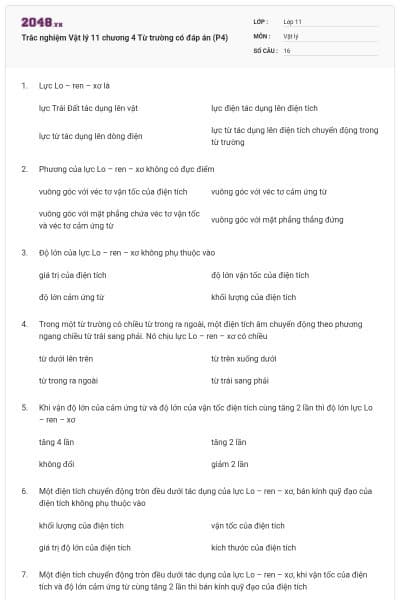 Trắc nghiệm Vật lý 11 chương 4 Từ trường có đáp án (P4)