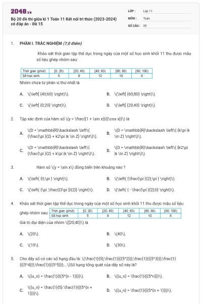 Bộ 20 đề thi giữa kì 1 Toán 11 Kết nối tri thức (2023-2024) có đáp án - Đề 15