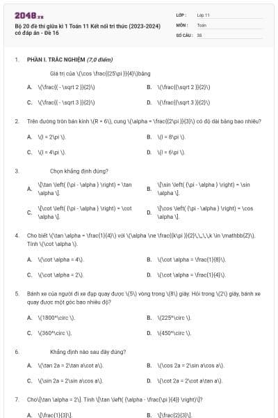 Bộ 20 đề thi giữa kì 1 Toán 11 Kết nối tri thức (2023-2024) có đáp án - Đề 16