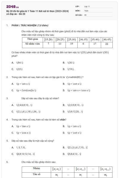 Bộ 20 đề thi giữa kì 1 Toán 11 Kết nối tri thức (2023-2024) có đáp án - Đề 20