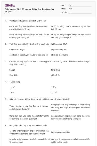 Trắc nghiệm Vật lý 11 chương 5 Cảm ứng điện từ có đáp án (P1)